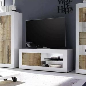 Dmora Lesina Televisiekast, standaard voor woonkamertv, laag dressoir, tv-standaard, Made in Italy, 140 x 43 h56 cm, wit en acacia