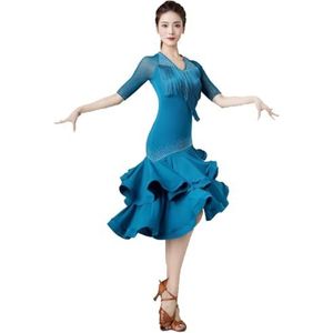 FZHQNZJF Zoom Latijns Opleiding Dansjurken Gemiddelde Mouw Balzaal Danskleding Strass Salsa Tango Prestatie Rok Ademend Danskleding voor Rumba Samba,Blauw,L