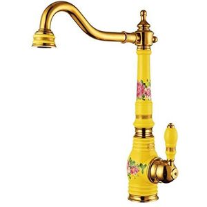 HomeJoySet Enkelvoudige Messing Wastafelkraan Met Porseleinen Details, Mengkraan Met Gouden Afwerking For Keuken En Badkamer(E)