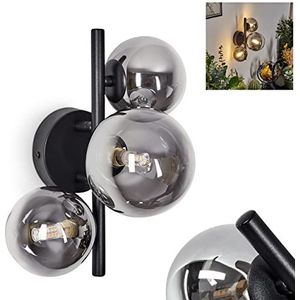 Wandlamp Chehalis, wandlamp van metaal/glas in zwart/rook, lamp in modern design, met ronde kappen van glas, 1-lamp, 3 x G9, zonder gloeilampen