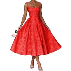 AHERKLL Spaghetti Bandjes Bruidsmeisjes Jurken Bloemen Satijn Jacquard Formele Avond Feest Maxi Jurk Thee Lengte HAH048, Rood, 34