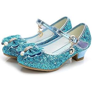 Prinsessenschoenen voor meisjes, leren schoenen met vlinder, prinsessenschoenen voor kinderen, hoge hakken met diamantstrik, dansschoenen met glitter, mode voor meisjes, feestdansschoenen, blauw
