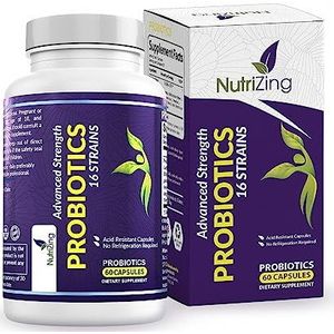 Probiotica Supplement - 16 Levende bacteriële stammen met 50 Bn CFU Bronpoeder - Bekroonde Product - Vegan Tijd Los Capsules door NutriZing - Lactobacillus Acidophilus en Bifidobacterium - Bevat Prebiotica