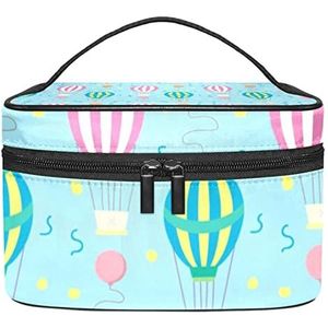 Zwarte achtergrond gouden sterren patroon make-up tas voor vrouwen meisjes cosmetische tassen met handvat reizen make-up organizer tas, Hete lucht ballonnen patroon roze groen, 8.9x5.9x5.4 Inches, Make-up zakje