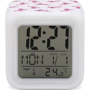 Roze Aquarel Eenhoorn Digitale Wekker voor Slaapkamer Datum Kalender Temperatuur 7 Kleuren LED Display