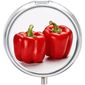 Rode paprika's pillendoos 3 compartimenten reispillenorganisator 3 keer per dag schattige mini-pillenetui voor portemonnee en zak draagbare metalen medicijndoos met spiegel ronde dagelijkse