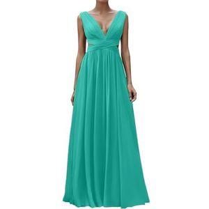 Diepe V-hals Prinses Bruidsmeisjes Jurken Chiffon Galajurken met Split Formele Avondjurk ZM195, Turkoois, 40