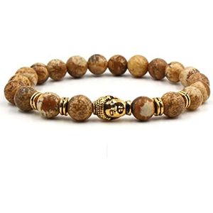 Natuursteen armbanden voor dames, 8 mm kralenarmband met gouden Boeddha heren elastische armband 19 cm