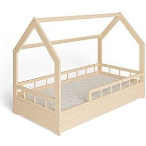 MS FACTORY Huisbed met Matras 80x160 cm - Kinderbed met valbeveiliging - Dennenhouten bed met lattenbodem - Halve Barrière Hout