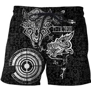 Nordic Viking Wolf Tattoo Shorts - Nieuwe 3D Totem Print Odin's Crow Fenrir Harajuku Street Sports Shorts Voor Heren - Zomerzak met Trekkoord Sneldrogende Shorts (Color : Fenrir D, Size : 3XL)