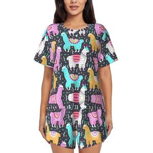 YQxwJL Indiase Alpaca Print Vrouwen Pyjama Sets Shorts Korte Mouw Lounge Sets Nachtkleding Casual Pjs Met Zakken, Zwart, 3XL