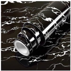 Keuken Oliebestendige Film Waterdicht Marmer Behang Contact Papier PVC Muursticker Oliebestendig Zelfklevende Badkamer Keuken Aanrecht Home Decor Film Voor Keuken Aanrecht (Wit op Zwart, 5mx60cm)