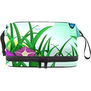 Grote capaciteit reizen cosmetische tas,Mooie paarse bloemen vlinders, make-up tas,Waterdichte make-up tas organisator, Meerkleurig, 27x15x14 cm/10.6x5.9x5.5 in