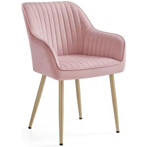 SONGMICS eetkamerstoel, keukenstoel, fauteuil, fluweel, gestoffeerde stoel met armleuningen, loungestoel, max. belasting 120 kg, metalen poten, voor eetkamer, keuken, pastelroze-paalgoud LDC087R01