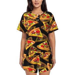 Pizza 3d Print Womens Zomer Zachte Tweedelige Bijpassende Outfits Korte Mouw Pyjama Lounge Pyjama Sets, Zwart, 4XL