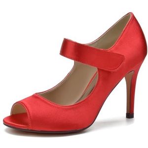 SYDZSW Bruiloftsschoenen Naald Hak Ivoor Satijn Hoge Hakken Bruidsschoenen Sandaal Bride 35-43, Rood, 43 EU