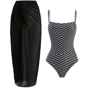 Zwarte Streep Hoge Taille Badpak Uit Één Stuk met Strandrok, Sexy Bikini in Nationale Stijl voor Dames met Verstelbare Riem(Size:M)