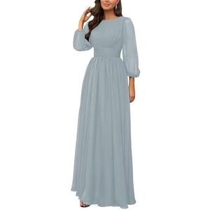 KURFACE Bruidsmeisjesjurken met lange mouwen, geplooide ronde hals, chiffon, bruidsmeisje, formele avondjurk, Dusty Blauw, 32