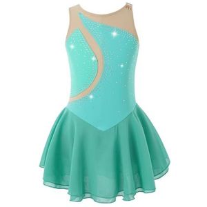 AMENGJ Gymnastiek Turnpakje Glanzende Strass Mesh Patchwork Ballet Gymnastiek Panty Meisjes Kunstschaatsen Kostuums Hedendaagse Lyrische Dans Kostuums, Groen, 12