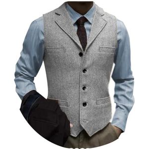 AeoTeokey Tweed visgraat pak vest slim fit inkeping revers groomsmen bruiloft vest, Zilver, XL
