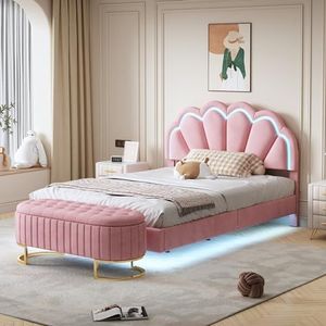 Aunvla Gestoffeerd bed 140 x 200 cm, met opbergbare bank, gevoerd zwevend bedframe met LED-verlichting en uniek hoofdeindedesign, dubbel flatbed logeerbed, fluwelen stof roze