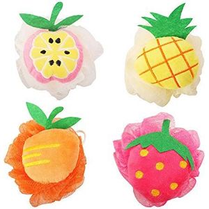 Rocutus 4 stks Kinderbad Douche Spons Poef Loofahs Mesh Borstel Douchebal Leuke Bad Bloem met Haken voor Reizen (Gemengd 2)