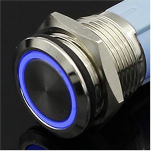 Waterdichte metalen drukknop, 12/16/19/22/25/30 mm, LED-licht, kortstondige vergrendeling, automotor stroomschakelaar, 5 V 12 V 24 V 220 V (kleur: blauwe cirkel, maat: MOMENTARY