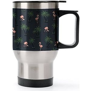 Roze Flamingo Vogels En Palmbomen Reizen Koffiemok Met Handvat & Deksel Rvs Auto Cup Dubbelwandige Koffiemokken
