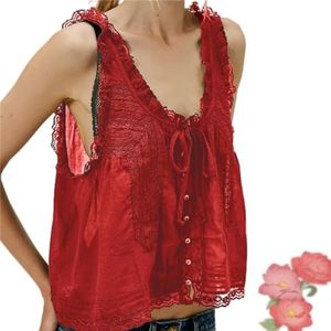CupitiDU Vrouwen Mouwloze Ruches Kant Trim Chiffon Crop Top Scoop,Zomer Button Down Front Tie Mesh Ruches Flowy Crop Top, Rood, L
