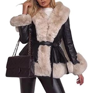 WHZXYDN Faux Fur Pu Grote Bontkraag Tie Taille Dames Windjack Stikken Slanke Lange Mouwen Jas Vrouwen, Zwart en Wit, S