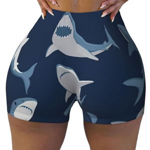 Unkhtt Blauwe Cartoon Haai Print Workout Gym Korte Vrouwen Zomer Comfortabele Stretch Yoga Shorts Dagelijks Cacual Wear, Zwart, S