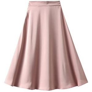 Rok Vrouwen,Dames Midi Rok Roze Satijn Hoge Taille A-Lijn Rok Mode Rits Flowy Ruches Ruche Effen Kleur Elegante Lange Rokken Voor Meisjes Dames, M