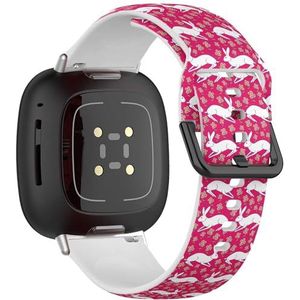 Zachte sportband compatibel met Fitbit Sense/Sense 2 / Versa 4 / Versa 3 (wit konijn bloemen roze) siliconen armbandaccessoire