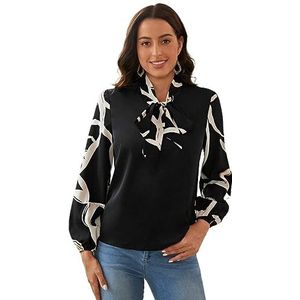 dames topjes Blouse met grafische print en strikhals en lantaarnmouwen (Color : Noir, Size : XL)