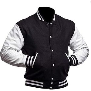 Heren Varsity Jassen - High School College Letterman Bomber Jacket Wol + Faux Lederen Mouwen, Zwart & Wit, M