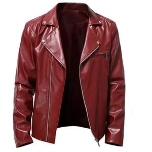 Heren leren jassen, winterjassen, motorjas met volledige ritssluiting, vliegende reverskraag, winddichte bovenkleding met ritszakken(Red,5XL)