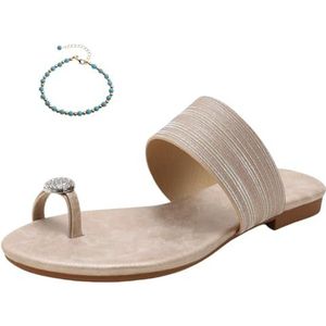 Xytraiihw Platte sandalen voor dames, comfortabele sandalen met zachte zool en strass steentjes grote strandschoenen modieuze Boheemse open teenslippers voor sport en strand,Goud,36 EU