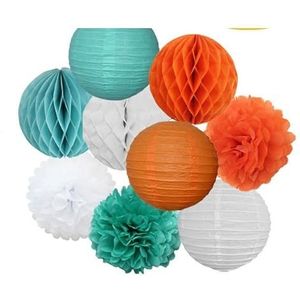 Papieren lampion, papieren pom poms decoraties, Bruiloftsfeest Gunst Hangend Rond Papieren Lantaarn Paars Blauw Roze 6"" 8"" 10"" 12"" Doop Verjaardag Kerstmis EID Vakantie Decoratie(Orange Mint Set,8inch