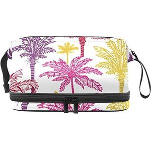 Palm Trees Makeup Bag Double Layer Ruime Cosmetische Zakken voor Vrouwen en Meisjes Reizen Draagbare Toiletry Pouch met Rits, Meerkleurig, 27x15x14 cm/10.6x5.9x5.5 in, Make-up zakje