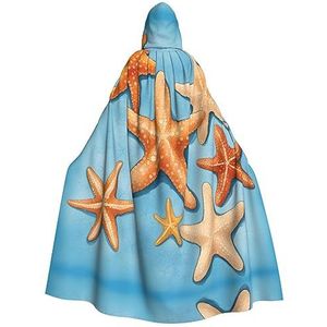 SSIMOO Blauwe achtergrond zeester betoverende volwassen cape met capuchon voor Halloween en feestkostuums - modieuze damesgewaden, capes