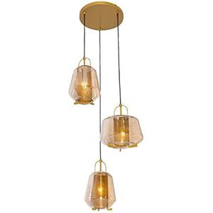 QAZQA - Art Deco Hanglamp goud amber glas rond 3-lichts - Kevin | Woonkamer | Slaapkamer | Keuken - Glas Rond - E27 Geschikt voor LED - Max. 3 x 40 Watt