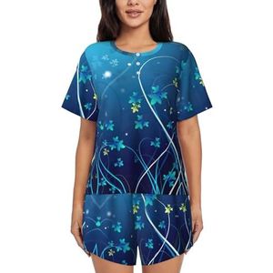 EdWal Blauwe Mini Bloem Swirl Print Vrouwen Pyjama Sets Lounge Wear Set Zachte Loungewear Korte Mouwen Pjs En Shorts, Zwart, XXL