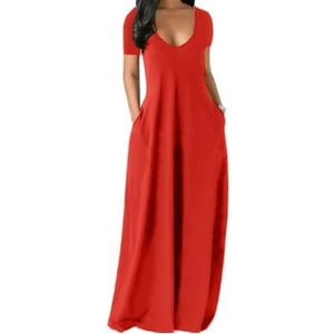 HHuiXinXue Oversized jurk met losse bandjes voor dames, elegante eenhoornkleurige spaghetti-maxi-jurken met zakken, Rood, S