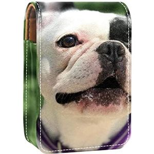 Lippenstift Hoesje met Spiegel Franse Bulldog Hoofd Zwart Wit Mooie Lip Gloss Houder Draagbare Lippenstift Opbergdoos Reizen Make-up Tas Mini Lederen Cosmetische Pouch Houdt 3 Lippenstift