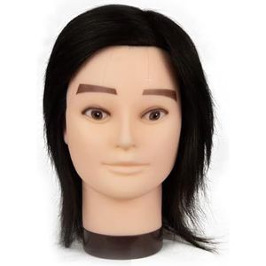 Mannequinhoofd van menselijk haar met haarbaard oefenpop kapperscosmetologie opleidingspop hoofd for haarstyling(One black)