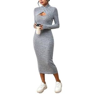 jurken voor dames Kriskras uitgesneden geribde gebreide bodycon-jurk aan de voorkant (Color : Gray, Size : XL)
