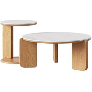 ZYDZ Ronde leisteen salontafel, moderne nesttafel met massief houten poten, eenvoudig te monteren, voor woonkamer, slaapkamer, balkon