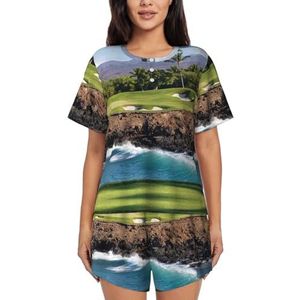 RIVETECH Hawaii Beach Golf Course Print Dames Pyjama Set Korte Mouwen - Comfortabele Korte Sets Mouwen Nachtkleding Met Zakken, Zwart, M