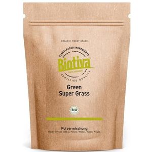 Biotiva Groen Super Gras Poeder Biologisch 400g - Gerstegras & Tarwegras Poeder - ideaal in muesli, yoghurt, smoothies en sappen - gecertificeerd en gecontroleerd in Duitsland