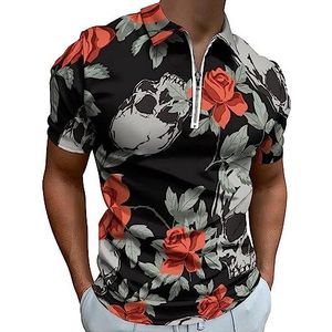 Menselijke doodshoofden en vintage rozen poloshirt voor mannen, casual T-shirts met ritssluiting en kraag, golftops, slim fit
